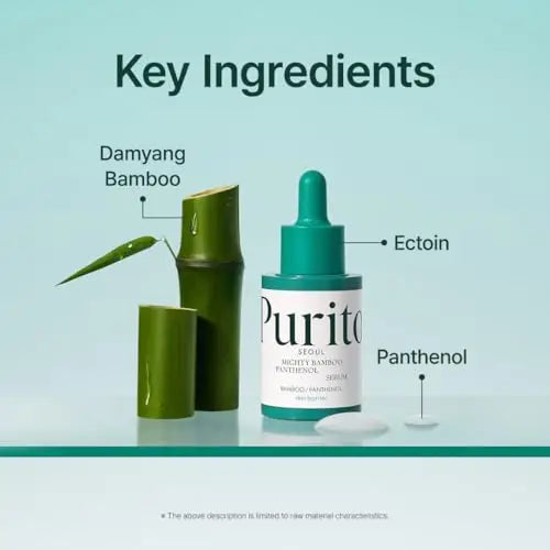 PURITO Mighty Bamboo Panthenol Serum 30ml displayed with labeled key ingredients Damyang Bamboo, Ectoin, and Panthenol on a light blue background.