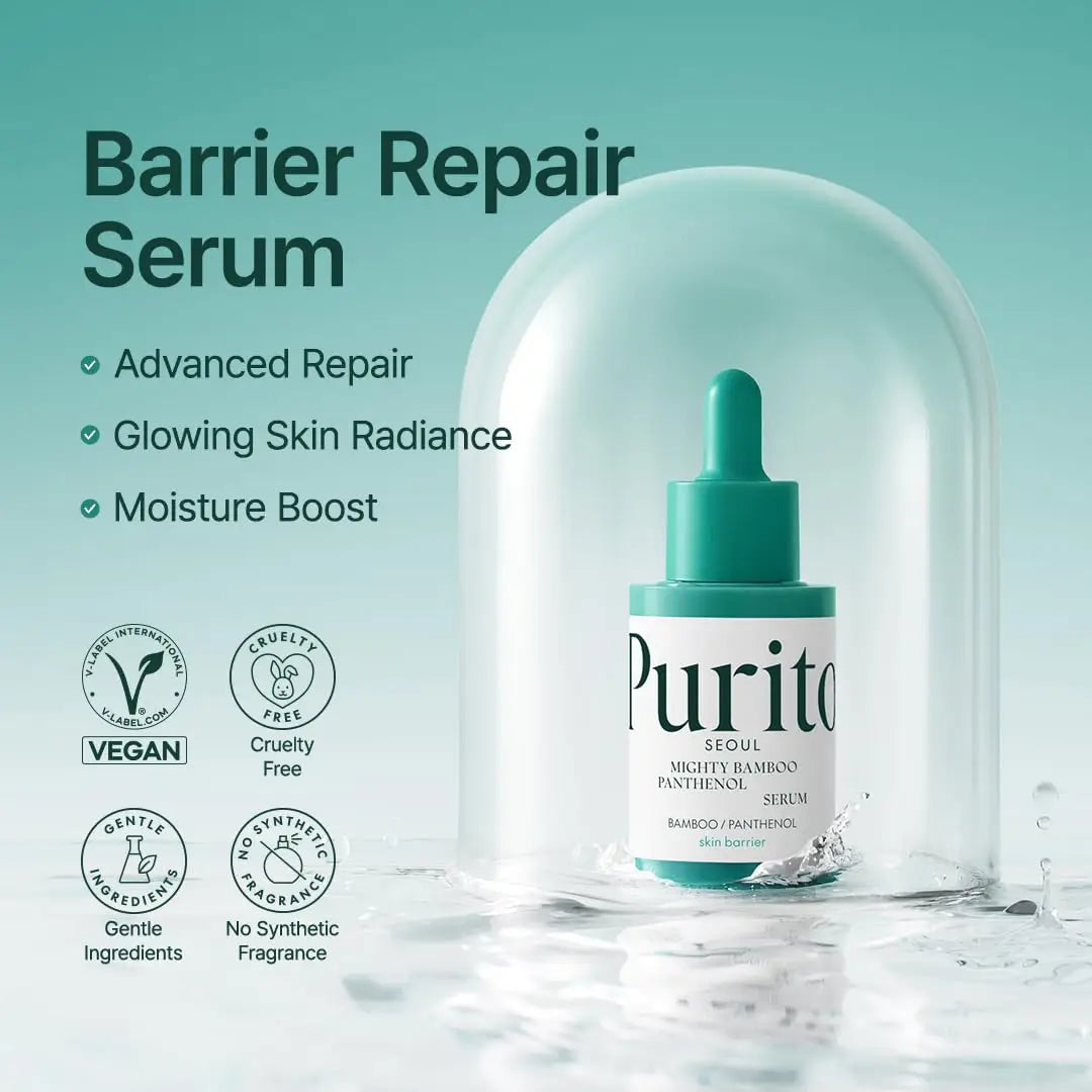 PURITO Mighty Bamboo Panthenol Serum 30ml bottle under a glass dome on wet surface with text highlighting barrier repair, advanced repair, glowing skin radiance, moisture boost, vegan, cruelty free, gentle ingredients, and no synthetic fragrance.