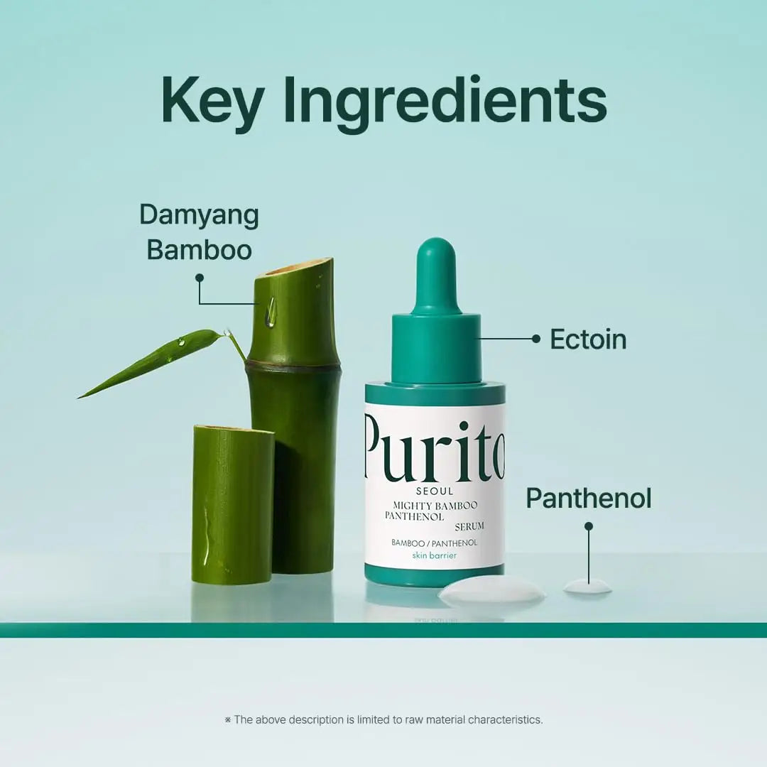 PURITO Mighty Bamboo Panthenol Serum 30ml with key ingredients Damyang bamboo, ectoin, and panthenol displayed alongside natural bamboo pieces on a light blue background.