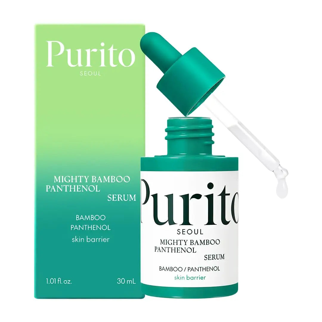 PURITO Mighty Bamboo Panthenol Serum 30ml with green gradient packaging and dropper applicator designed for skin barrier support and hydration.