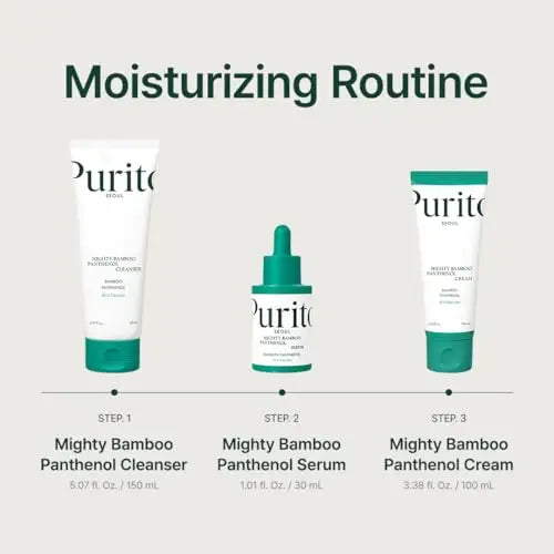 Image showing a moisturizing routine featuring PURITO Mighty Bamboo Panthenol Serum 30ml as the second step between the cleanser and cream, emphasizing a gentle skincare regimen.
