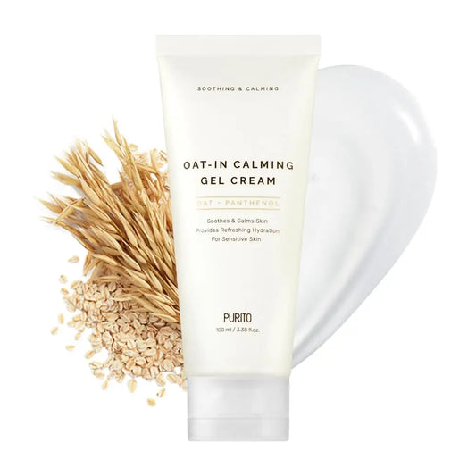 Tube of PURITO Oat-in Calming Gel Cream 100 ml with oat grains and a white gel cream swatch, highlighting soothing hydration for sensitive skin.