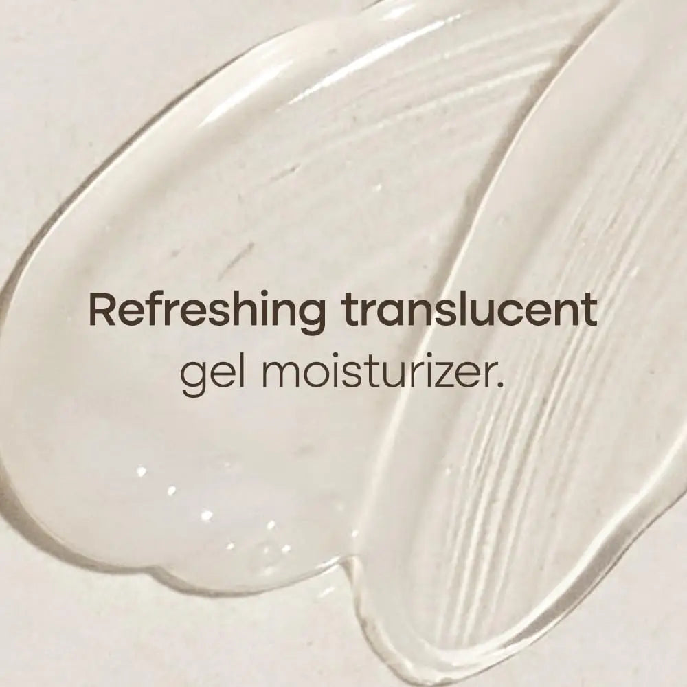 Close-up of a translucent gel texture with text describing a refreshing translucent gel moisturizer for PURITO Oat-in Calming Gel Cream 100 ml.