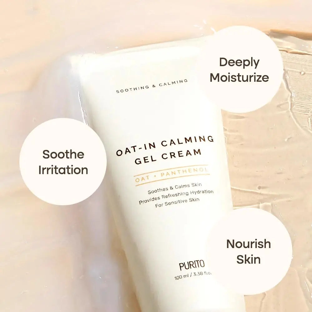 Tube of PURITO Oat-in Calming Gel Cream 100 ml lying on a textured surface with text highlighting its benefits to soothe irritation, deeply moisturize, and nourish skin.
