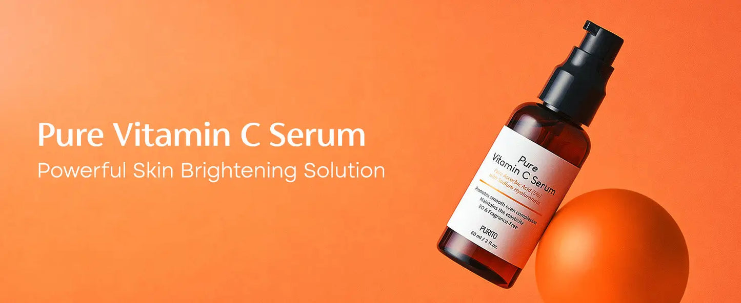 PURITO Pure Vitamin C Serum 60ml in a brown glass bottle with a black pump cap, displayed on an orange background with a bright, modern design.