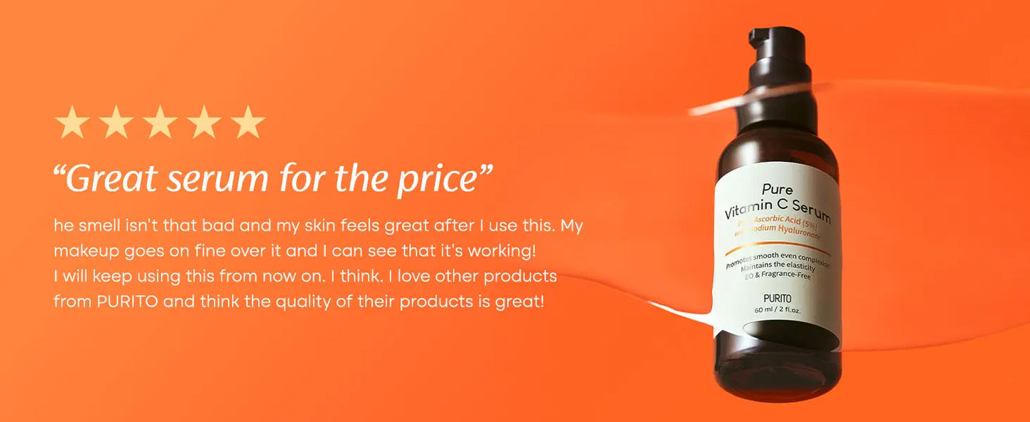 PURITO Pure Vitamin C Serum 60ml bottle with pump dispenser on an orange background, accompanied by a five-star customer review praising its effectiveness and quality.