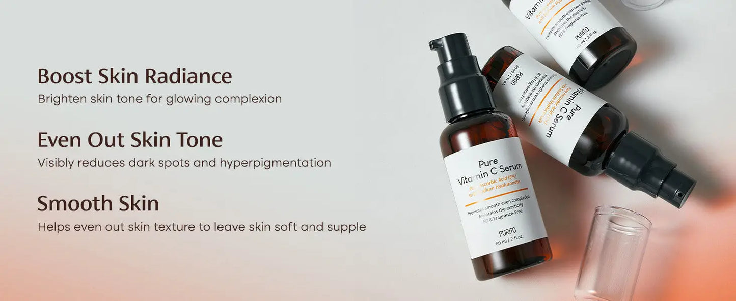 PURITO Pure Vitamin C Serum 60ml bottle with pump dispenser displayed alongside text highlighting benefits of boosting skin radiance, evening out skin tone, and smoothing skin texture for a glowing complexion.