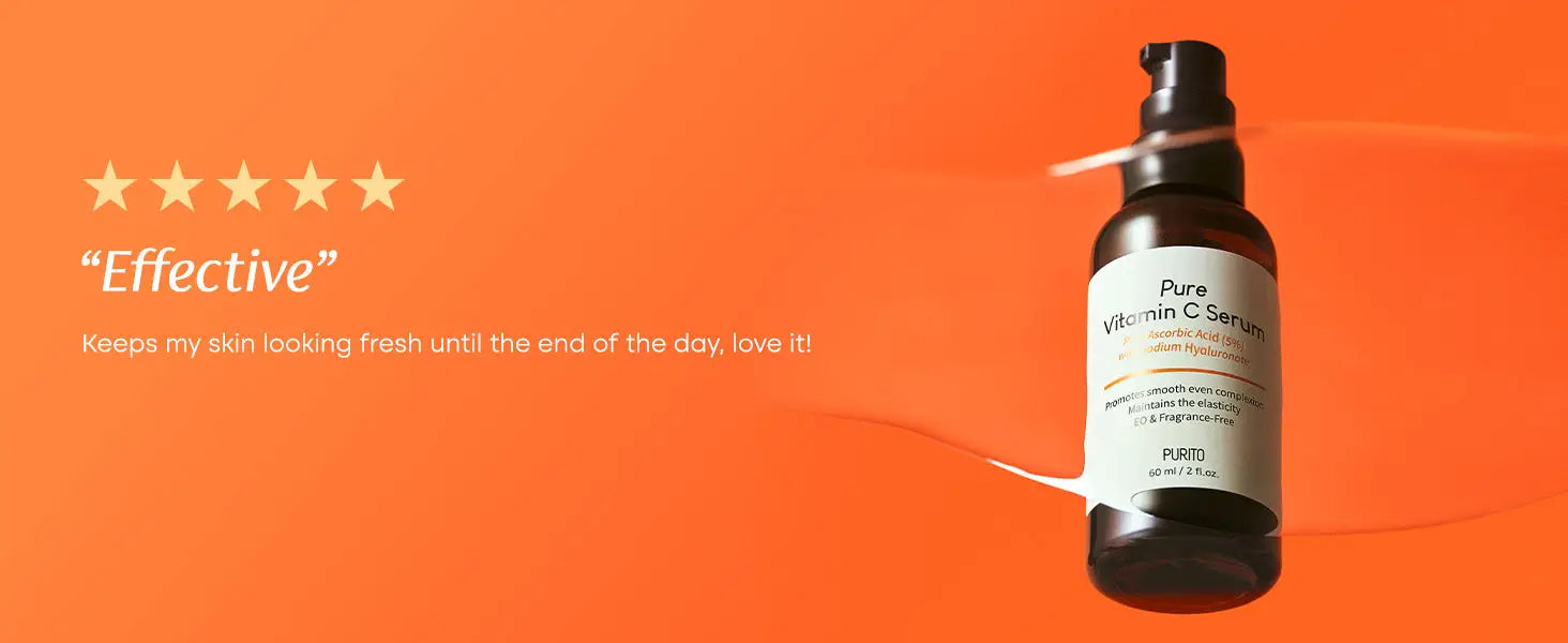 Dark brown pump bottle of PURITO Pure Vitamin C Serum 60ml on vibrant orange background with glossy spread of serum and five-star customer review text.