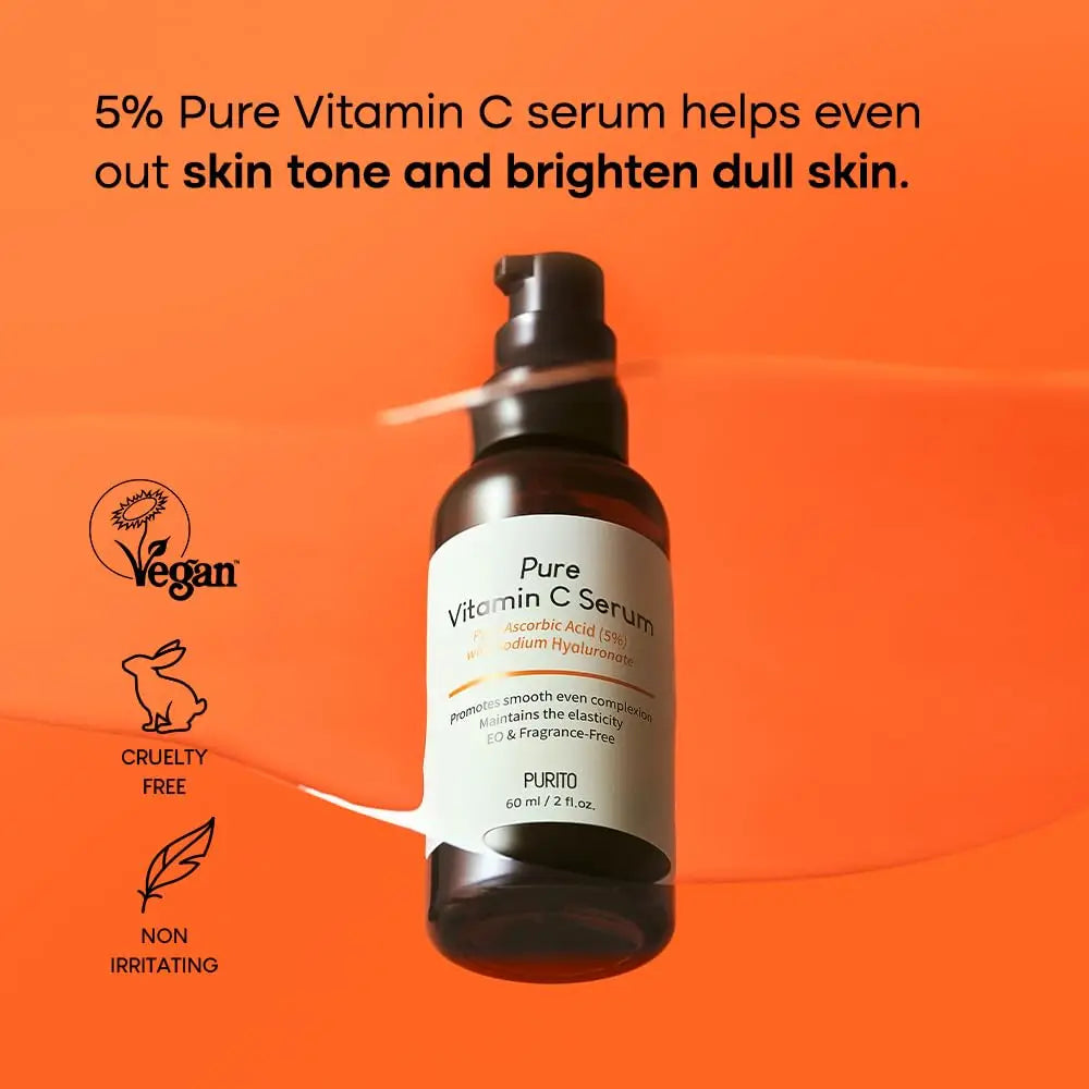 PURITO Pure Vitamin C Serum 60ml bottle on orange background highlighting 5% pure vitamin C benefits for evening skin tone and brightening dull skin, vegan, cruelty free, and non-irritating.