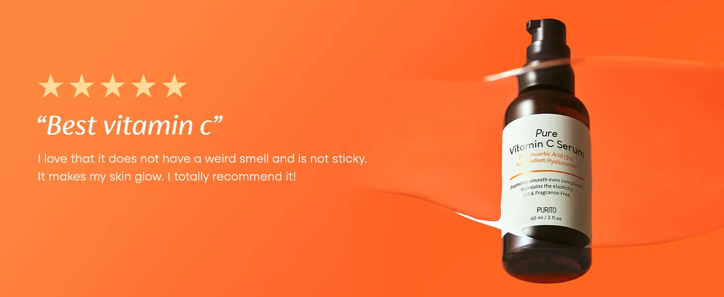 Bottle of PURITO Pure Vitamin C Serum 60ml on an orange background with a testimonial praising its non-sticky texture and glow-enhancing effects.