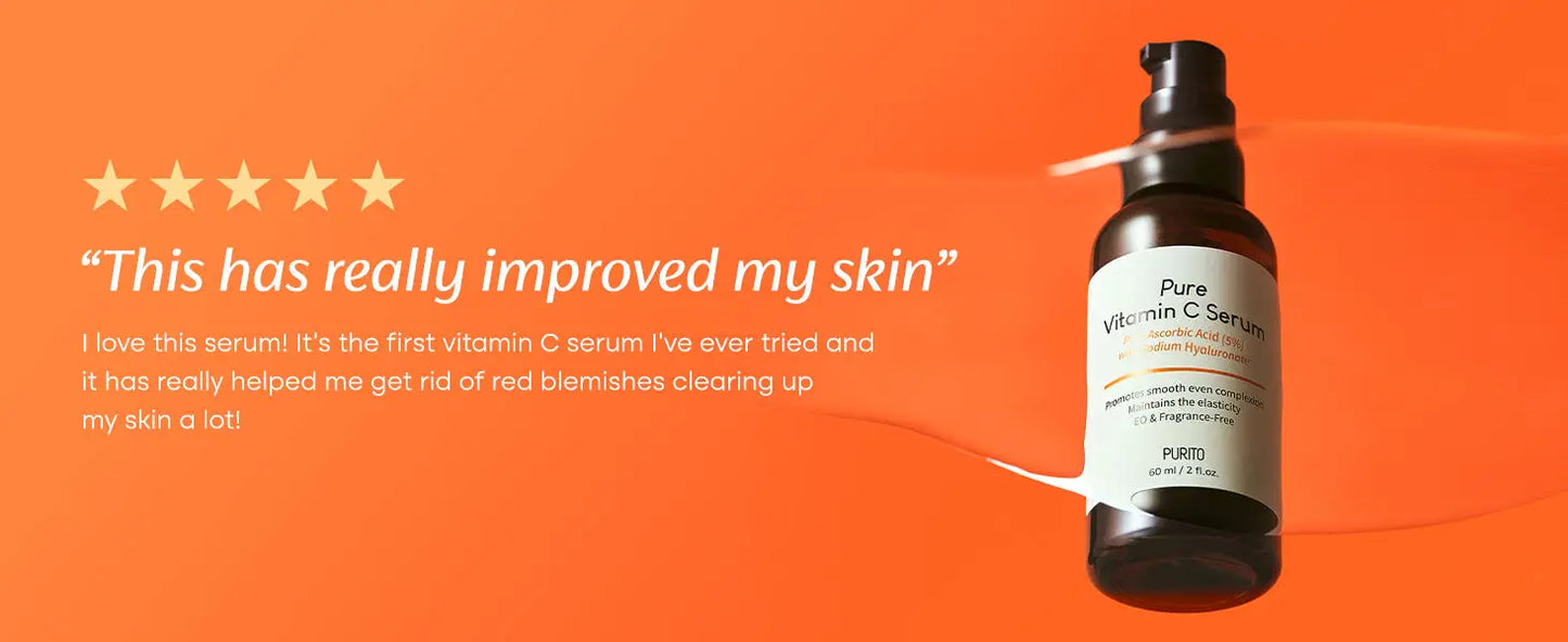 Bottle of PURITO Pure Vitamin C Serum 60ml on an orange background with a glowing liquid swatch and a customer review praising its effectiveness for skin improvement.