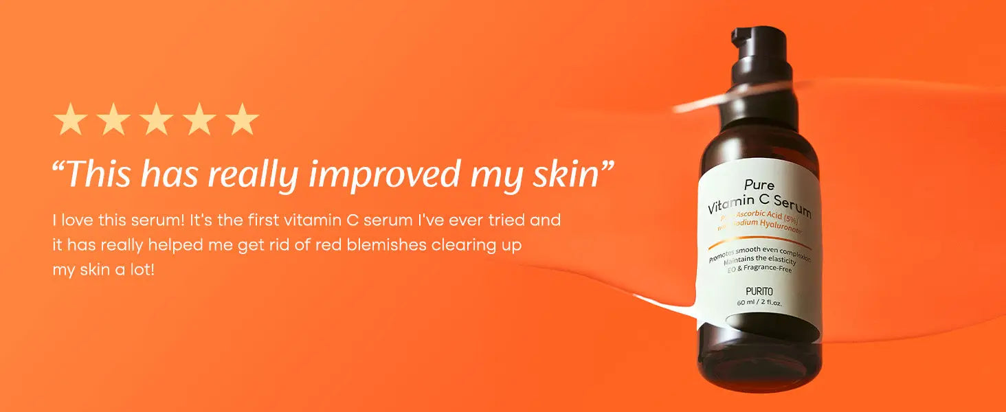 Bottle of PURITO Pure Vitamin C Serum 60ml on an orange background with a glowing liquid swatch and a customer review praising its effectiveness for skin improvement.