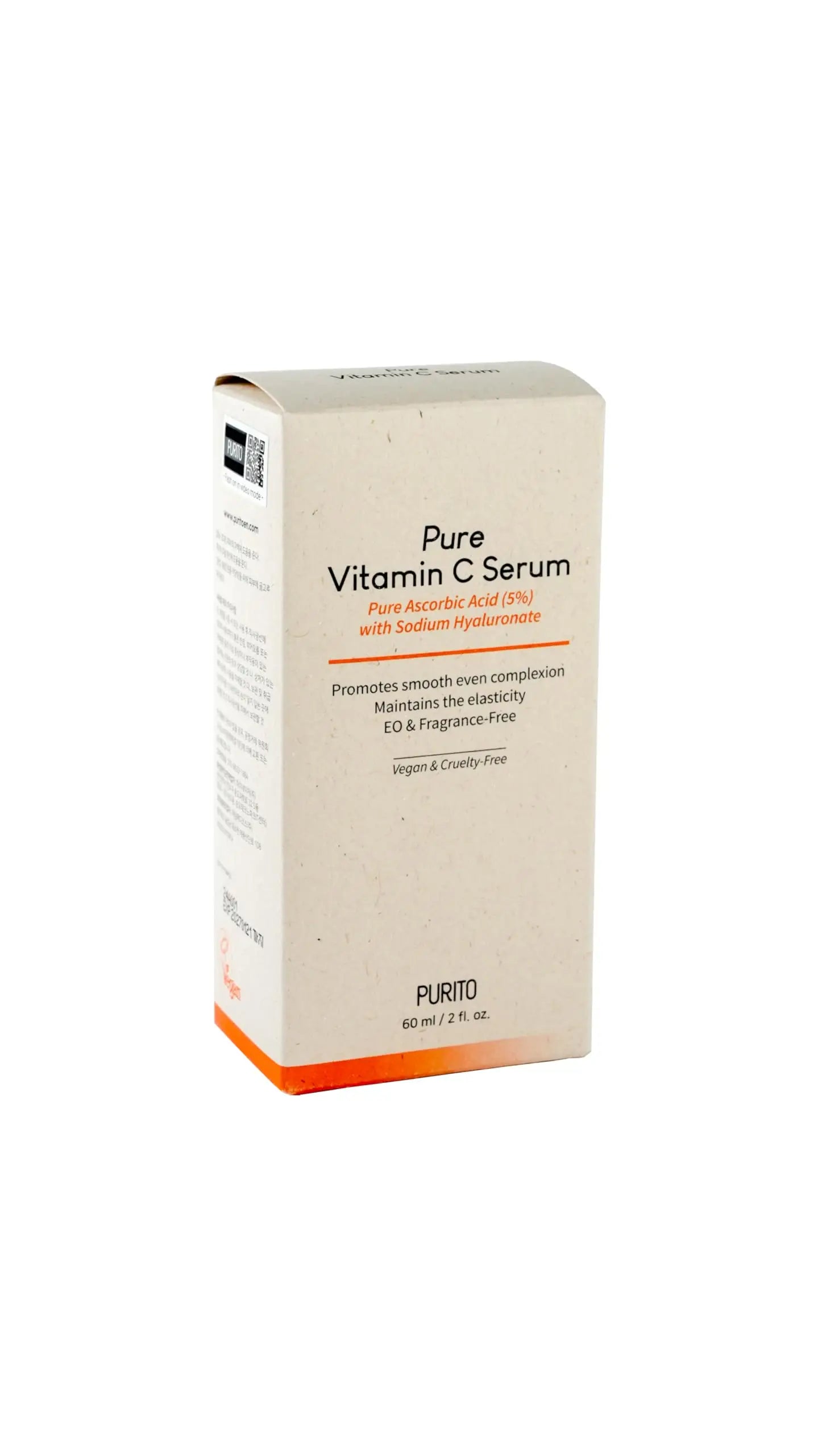 Box packaging of PURITO Pure Vitamin C Serum 60ml highlighting its benefits for smooth complexion, elasticity, and fragrance-free, vegan, and cruelty-free formula.