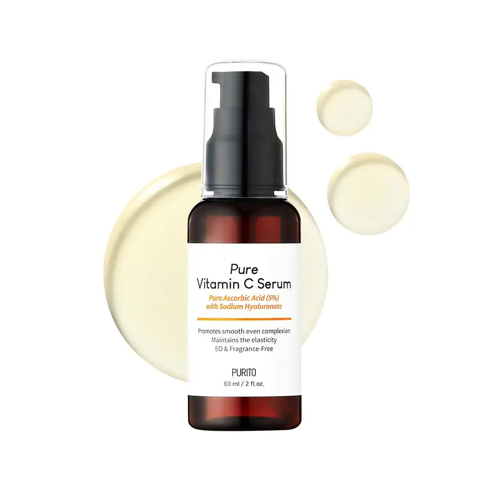 PURITO Pure Vitamin C Serum 60ml bottle with clear pump dispenser, shown with serum texture drops and a light cream background for skincare use.