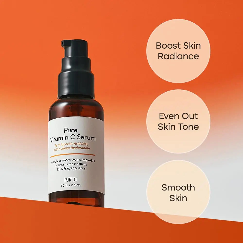 Bottle of PURITO Pure Vitamin C Serum 60ml displayed against an orange background with text highlighting benefits: Boost Skin Radiance, Even Out Skin Tone, Smooth Skin.