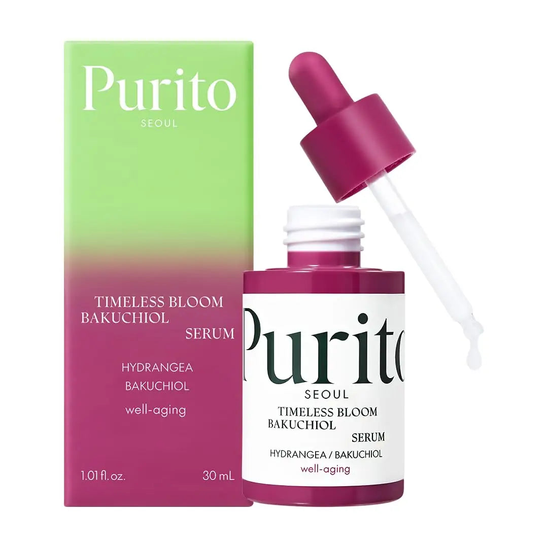 Open PURITO SEOUL Timeless Bloom Bakuchiol Serum 30ml bottle with dropper releasing clear serum next to its green and purple gradient box packaging.