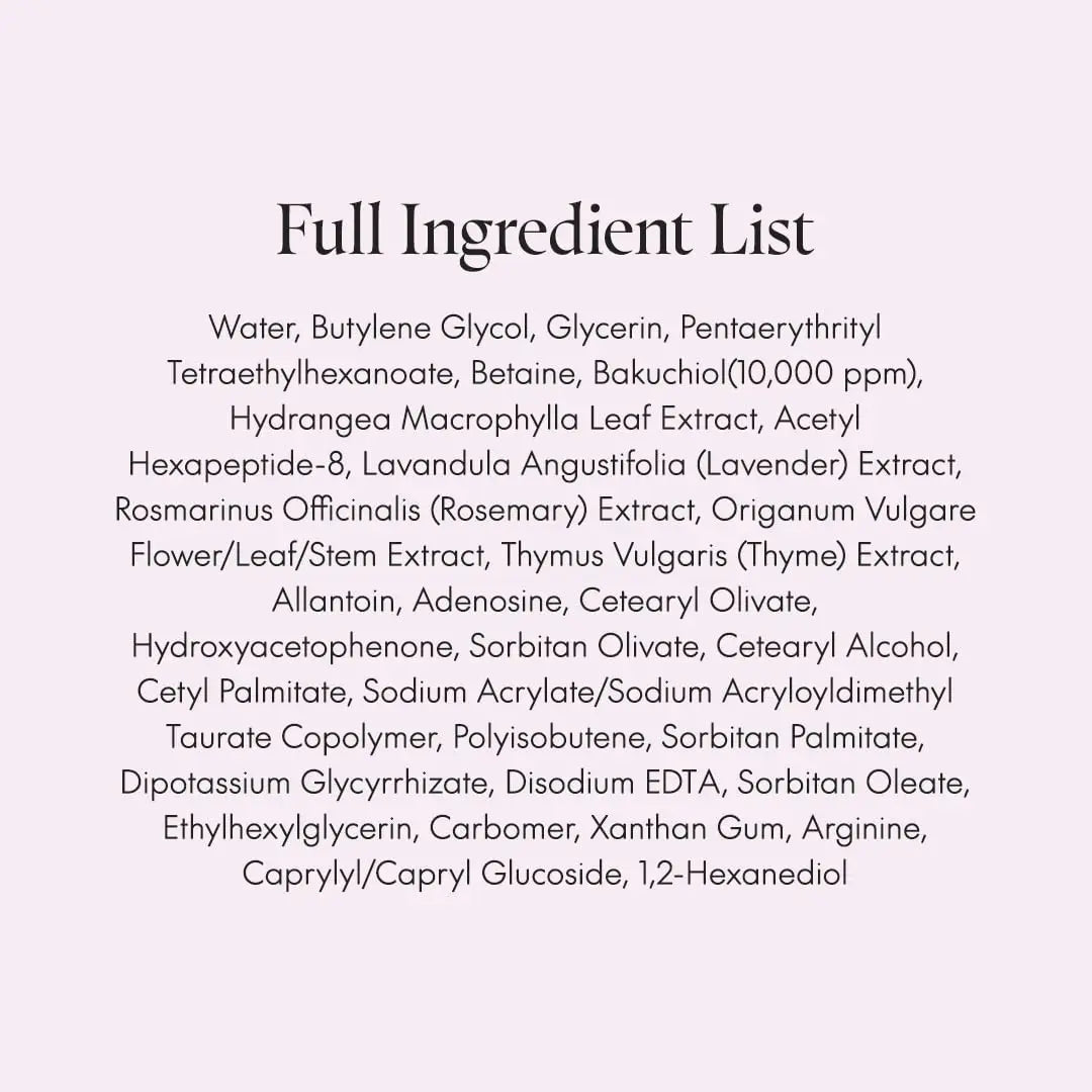 Full ingredient list of PURITO SEOUL Timeless Bloom Bakuchiol Serum 30ml featuring water, glycerin, bakuchiol, lavender, rosemary, thyme extracts, and various moisturizing and stabilizing agents.