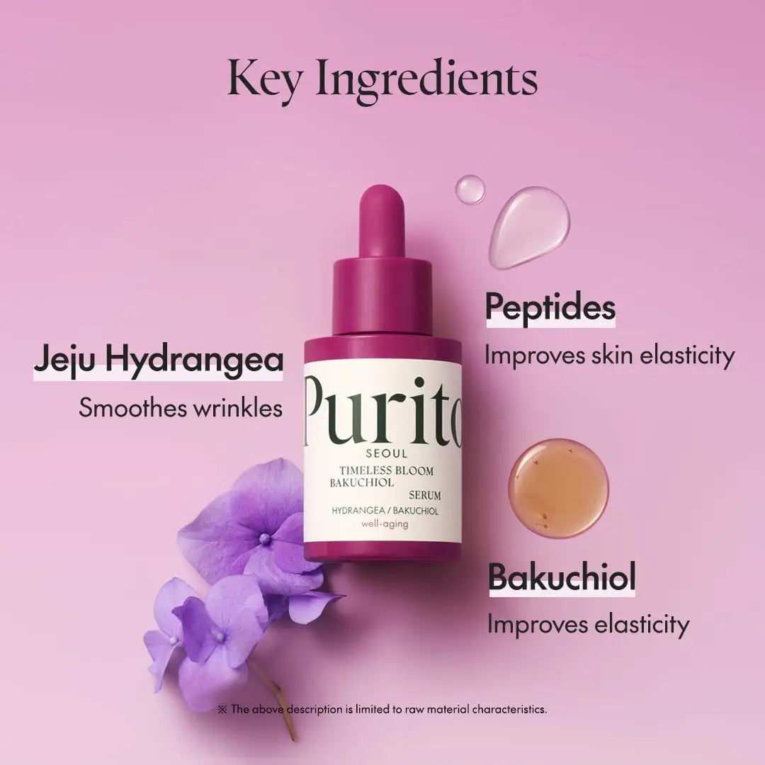 PURITO SEOUL Timeless Bloom Bakuchiol Serum 30ml bottle on pink background with Jeju Hydrangea flower and text highlighting key ingredients peptides, Jeju Hydrangea, and bakuchiol for improving skin elasticity and smoothing wrinkles
