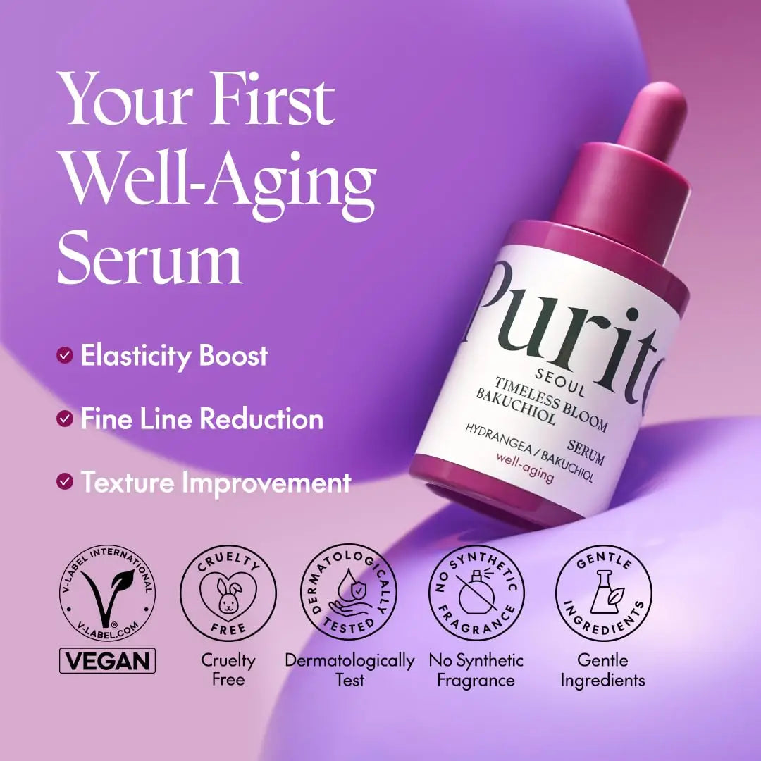 PURITO SEOUL Timeless Bloom Bakuchiol Serum 30ml bottle on a purple background with text highlighting elasticity boost, fine line reduction, texture improvement, vegan, cruelty-free, dermatologically tested, no synthetic fragrance, and gentle ingredients.