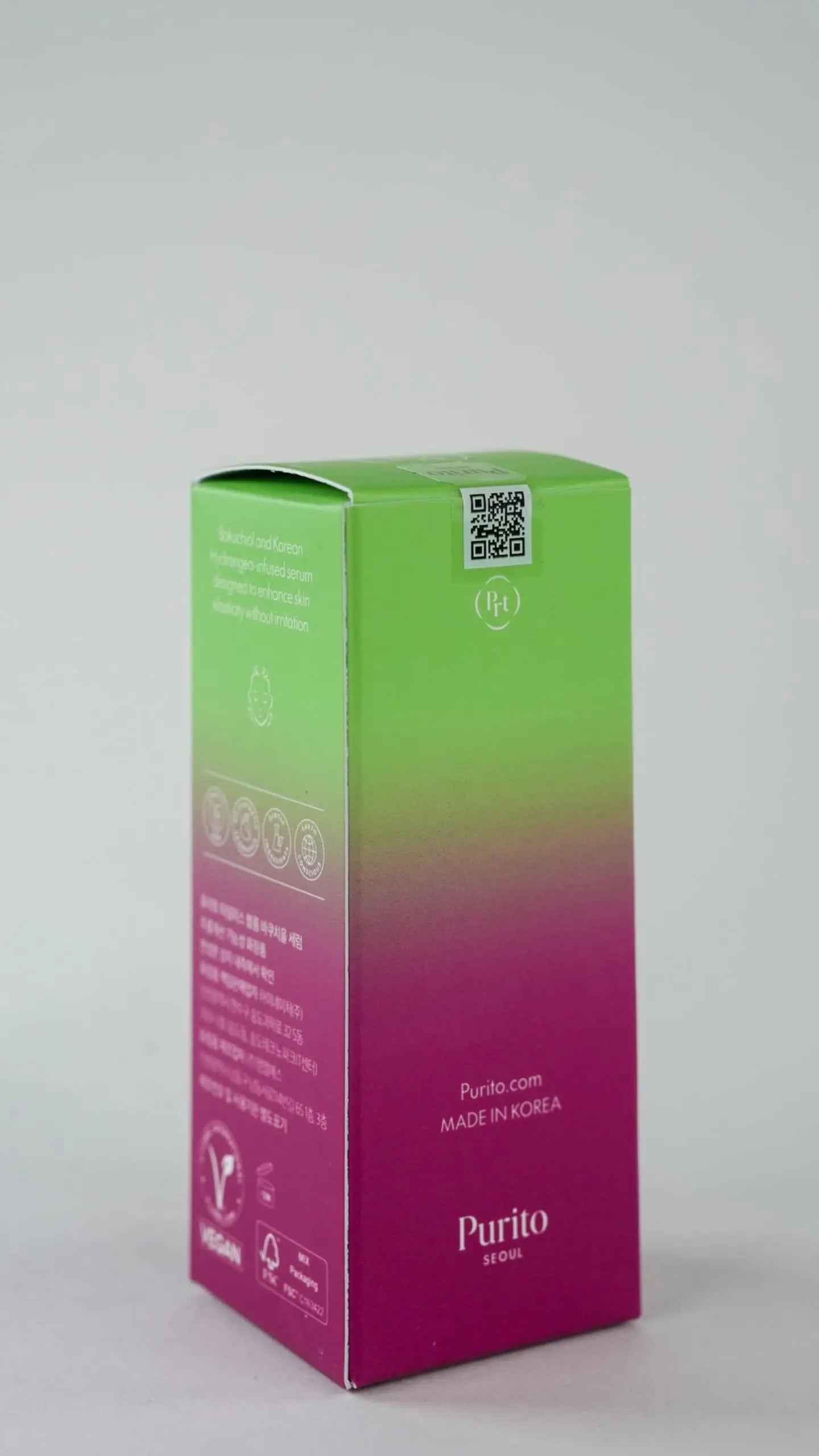Packaging box with a green to pink gradient design featuring PURITO SEOUL Timeless Bloom Bakuchiol Serum 30ml, displaying vegan and made in Korea labels.