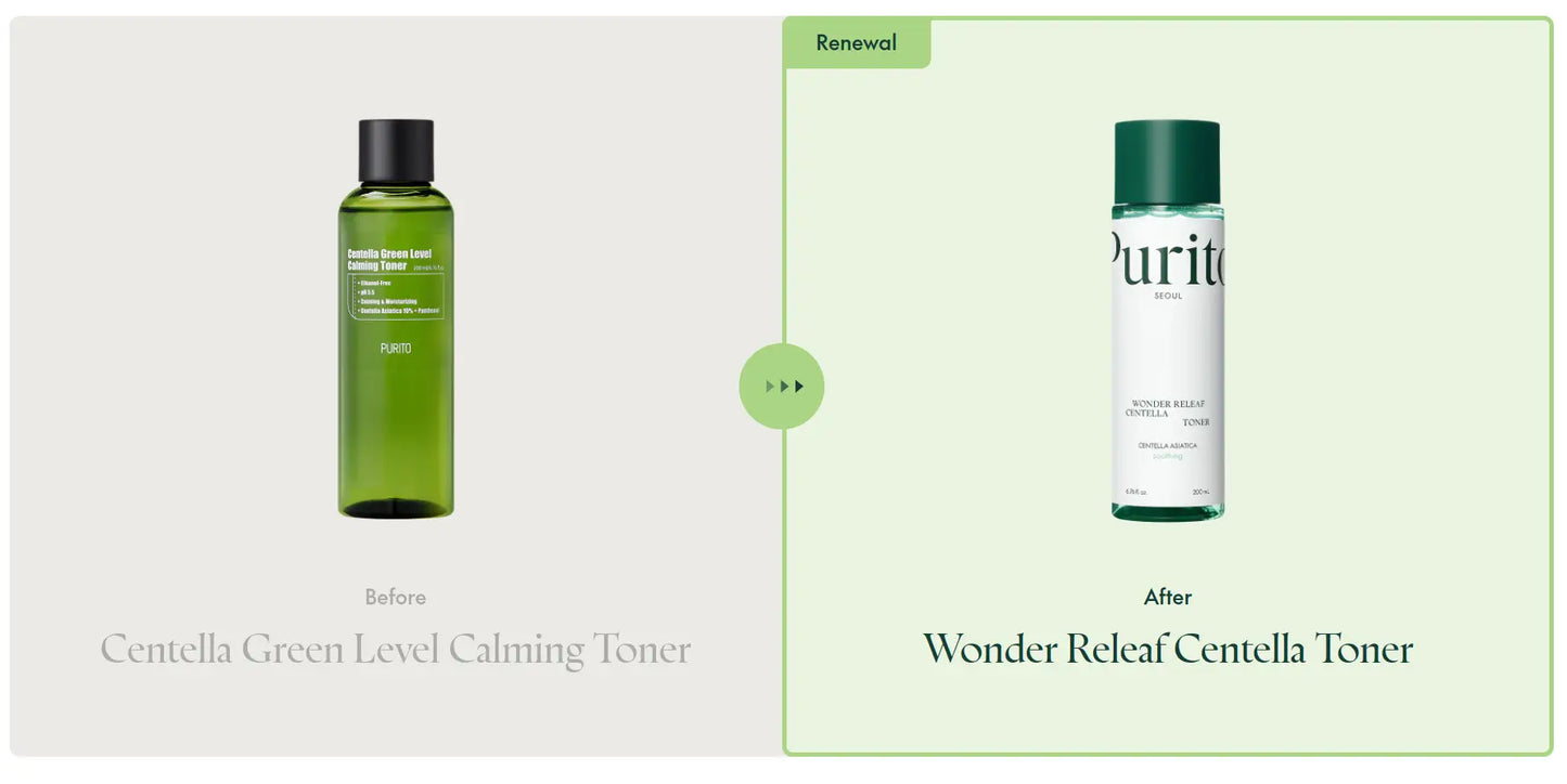 Comparison image showing the PURITO Seoul Wonder Releaf Centella Toner 200ml on the right after renewal, replacing the previous Centella Green Level Calming Toner bottle on the left, highlighting the updated packaging design.