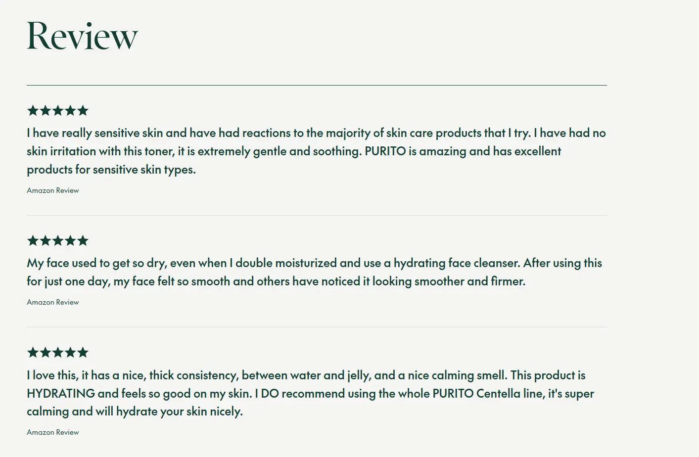 Customer reviews praising PURITO Seoul Wonder Releaf Centella Toner 200ml for its gentle, soothing formula, hydrating effects, smooth texture, and calming scent, ideal for sensitive skin.