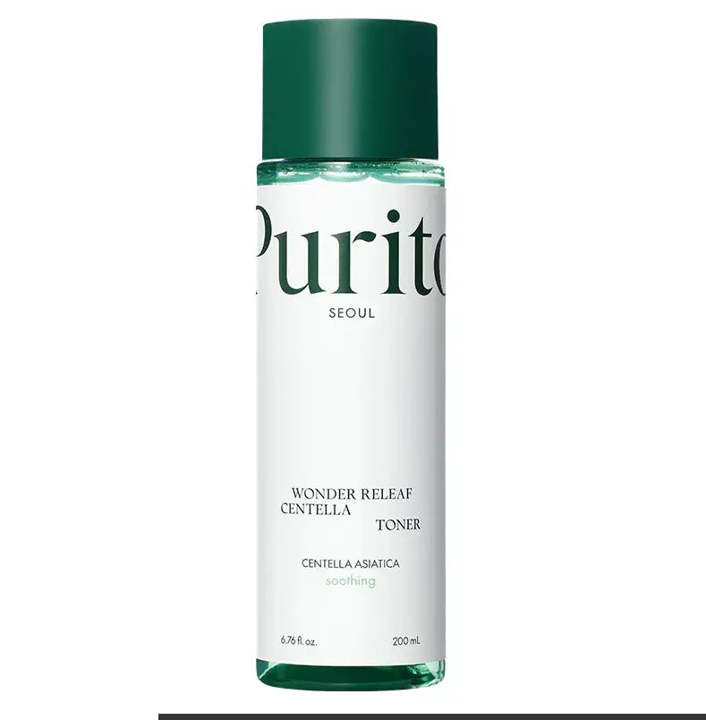 Bottle of PURITO Seoul Wonder Releaf Centella Toner 200ml with a green cap and white label, designed for soothing skincare and centella asiatica benefits.
