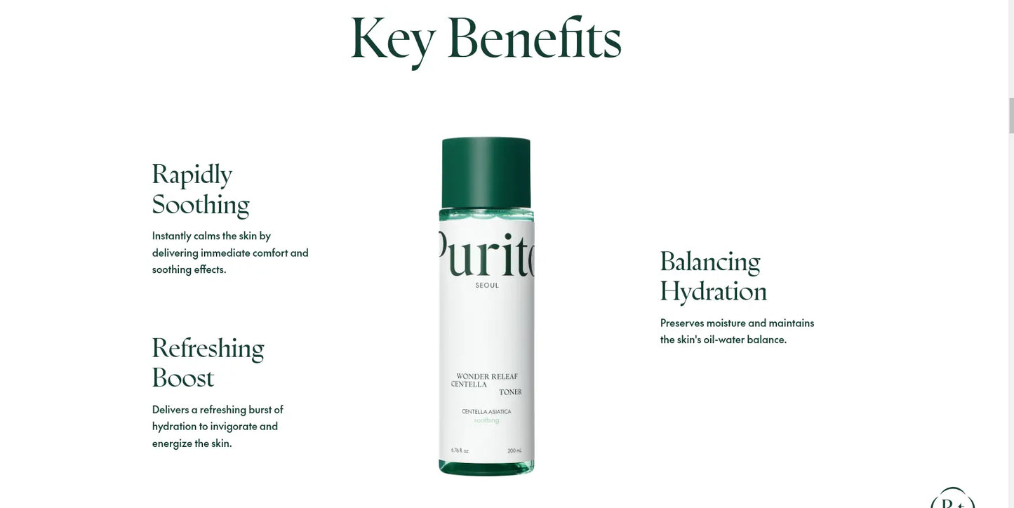PURITO Seoul Wonder Releaf Centella Toner 200ml with a green cap shown alongside its key benefits: rapidly soothing, refreshing boost, and balancing hydration for calm and hydrated skin.