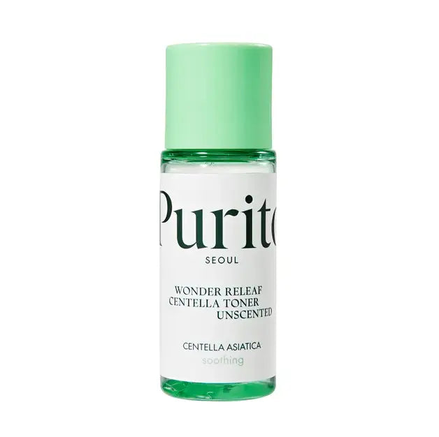 Small clear bottle of PURITO Seoul Wonder Releaf Centella Toner Unscented with green cap, labeled for soothing skin care with centella asiatica extract.