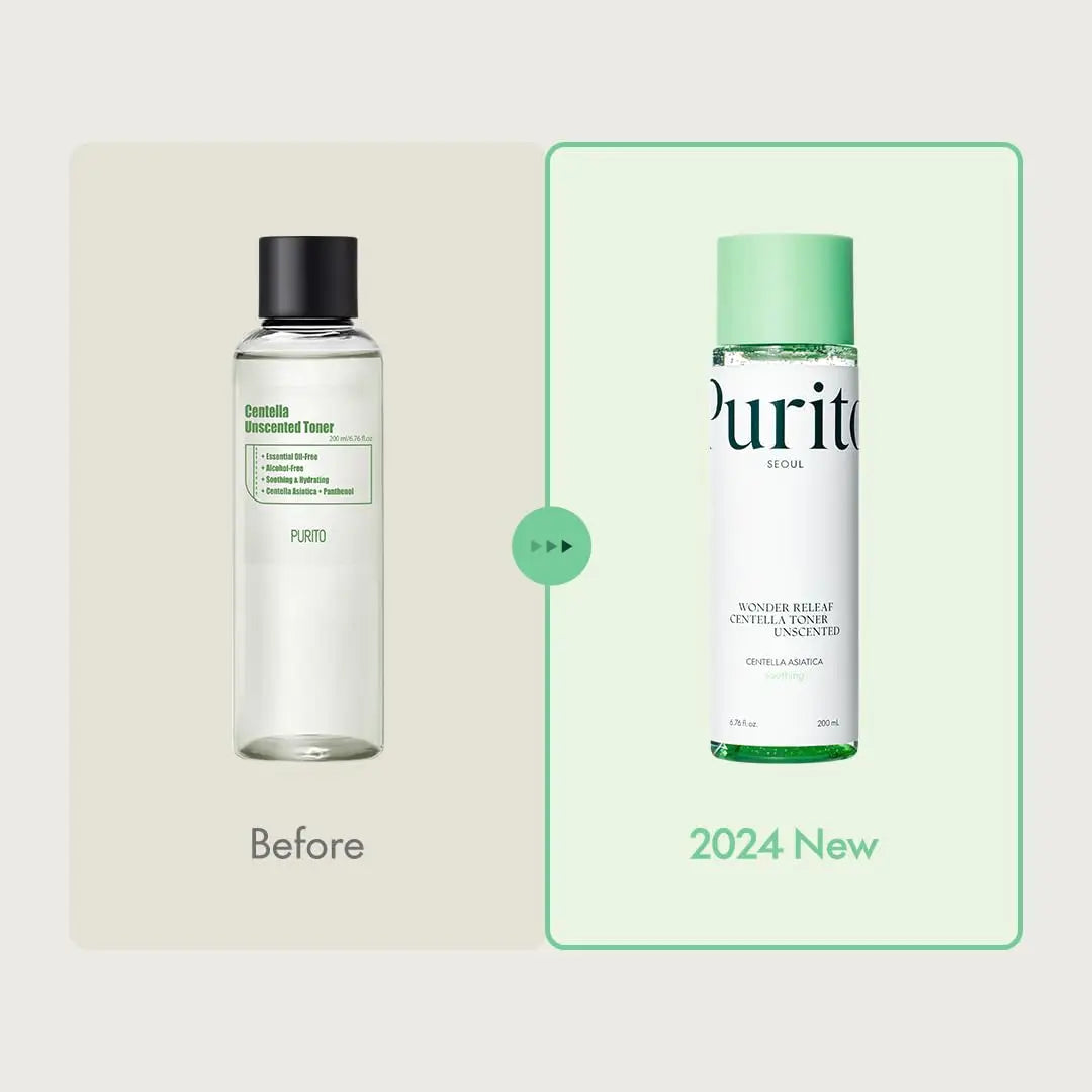 Comparison of PURITO Seoul Wonder Releaf Centella Toner Unscented packaging showing the old design with a black cap and simple label and the new 2024 design with a green cap and modern minimalist label