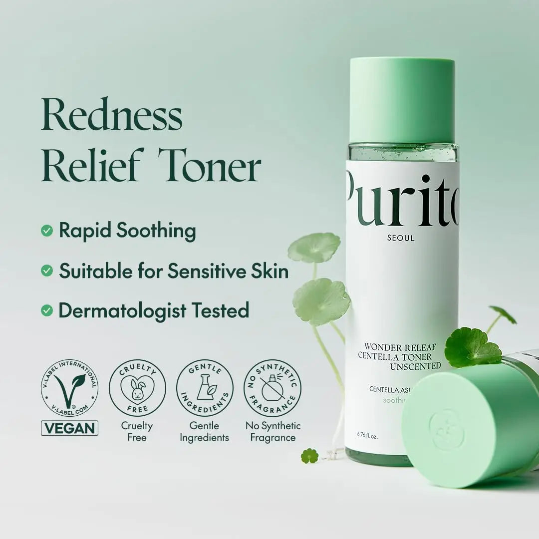 PURITO Seoul Wonder Releaf Centella Toner Unscented bottle displayed with green cap and text highlighting redness relief, rapid soothing, suitable for sensitive skin, dermatologist tested, vegan, cruelty free, gentle ingredients, and no synthetic fragrance.