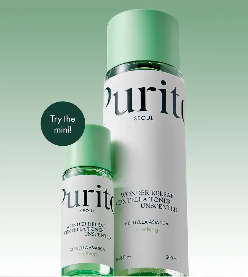 Two bottles of PURITO Seoul Wonder Releaf Centella Toner Unscented in different sizes with green caps and white labels, set against a soft green gradient background.