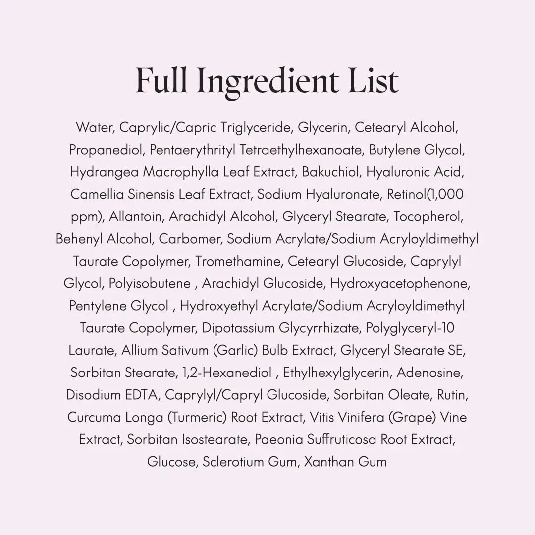 Full ingredient list of PURITO Timeless Bloom Retinol Spot Cream 30ml, including water, glycerin, retinol, bakuchiol, hyaluronic acid, botanical extracts like hydrangea, camellia, garlic bulb, turmeric, grape vine, and peony root extract, along with moisturizing and soothing agents.