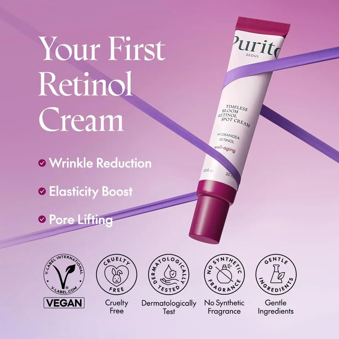 PURITO Timeless Bloom Retinol Spot Cream 30ml tube with text highlighting wrinkle reduction, elasticity boost, and pore lifting benefits on a soft purple background with vegan, cruelty-free, dermatologically tested, no synthetic fragrance, and gentle ingredients icons.
