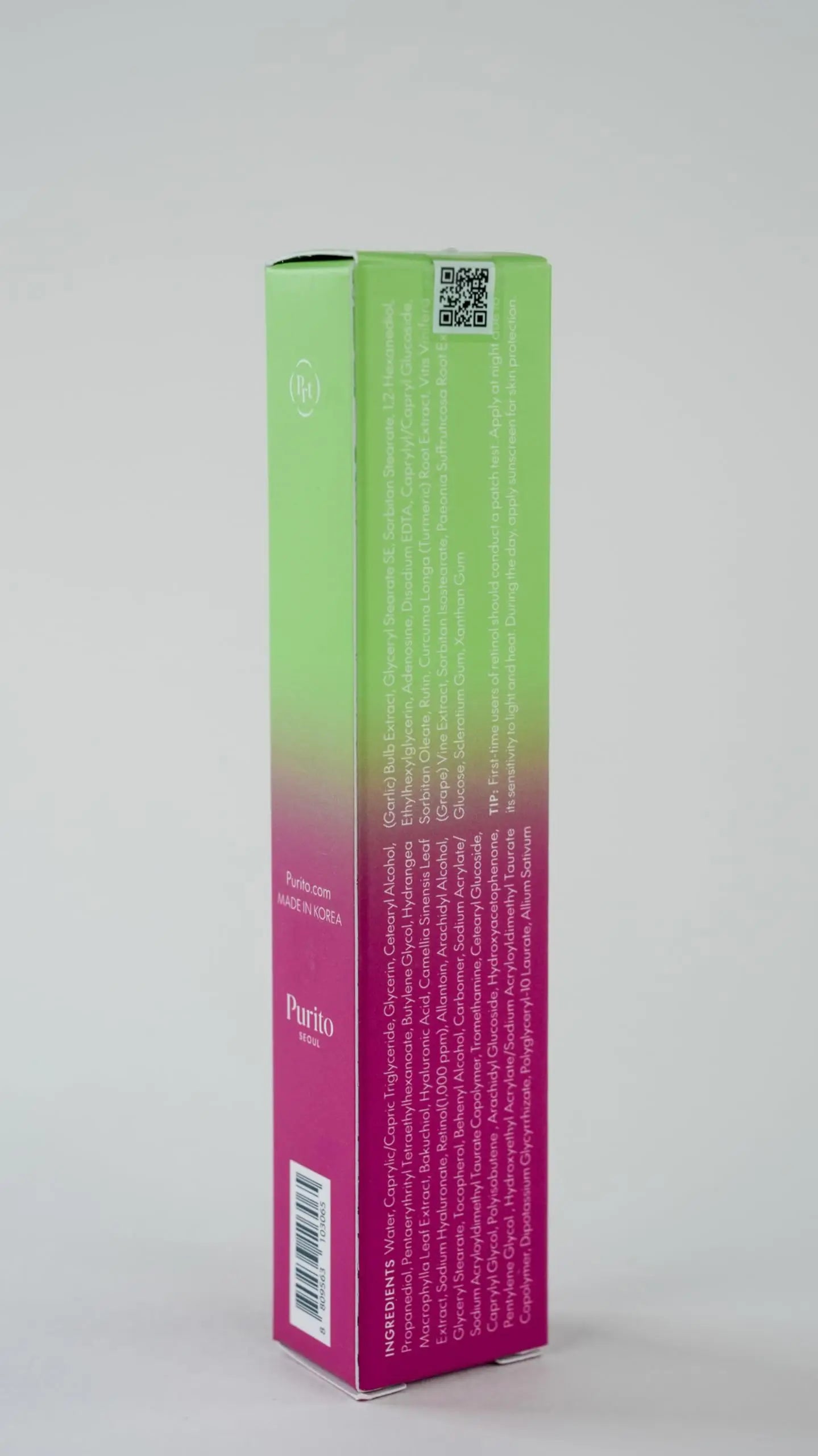 Packaging of PURITO Timeless Bloom Retinol Spot Cream 30ml featuring a green to pink gradient design with ingredient details and usage instructions on the side.