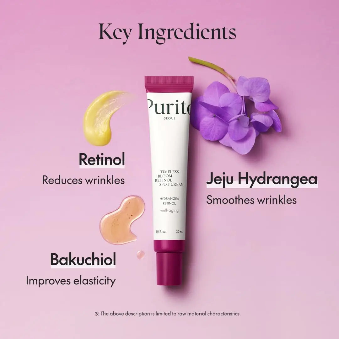 PURITO Timeless Bloom Retinol Spot Cream 30ml with key ingredients retinol to reduce wrinkles, bakuchiol to improve elasticity, and Jeju hydrangea to smooth wrinkles on a pink background.