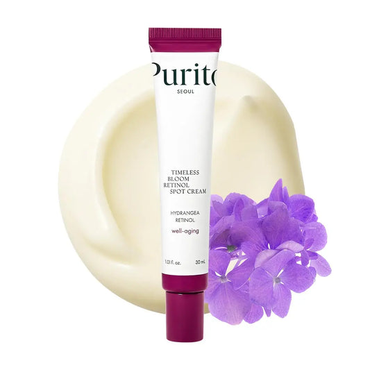 PURITO Timeless Bloom Retinol Spot Cream 30ml tube with hydrangea flower and cream texture background for skincare and anti-aging facial cream.