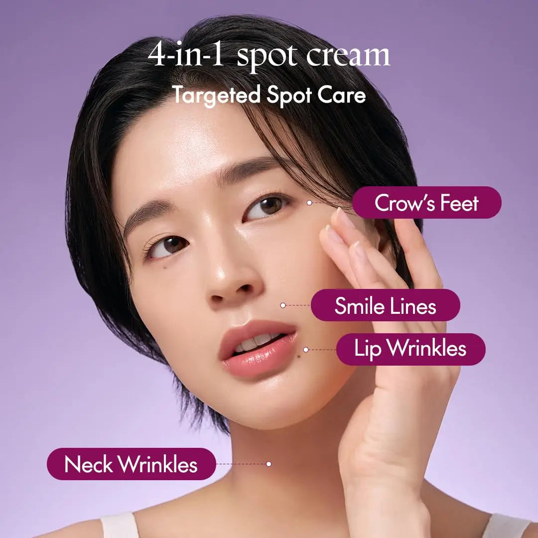 Woman with clear skin gently touching her face highlighting areas targeted by PURITO Timeless Bloom Retinol Spot Cream 30ml including crow’s feet, smile lines, lip wrinkles, and neck wrinkles against a soft purple background.