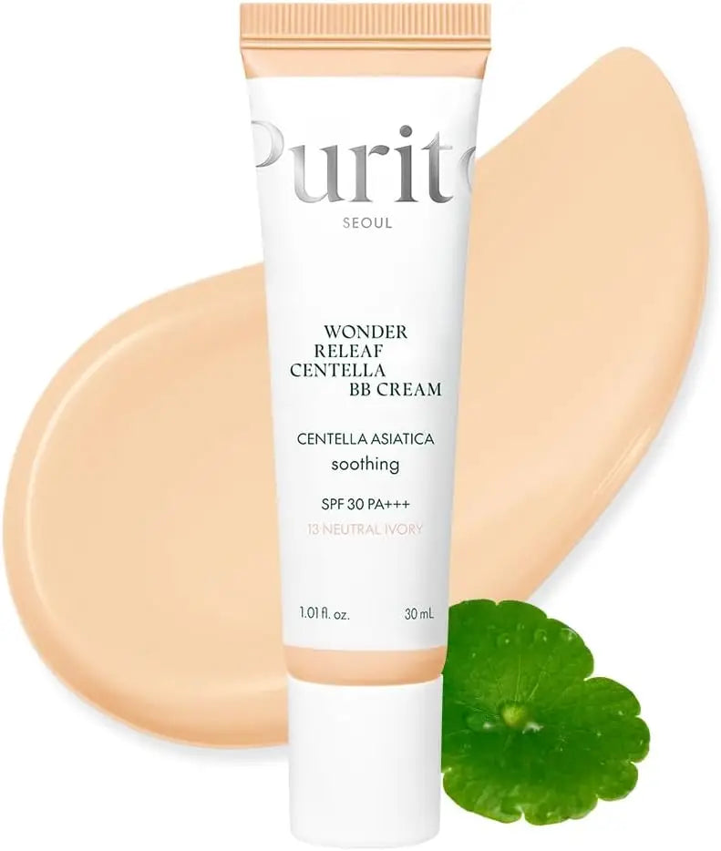 Tube of PURITO Wonder Releaf Centella BB Cream 30ml with a smooth beige cream swatch and a green centella asiatica leaf, highlighting soothing protection with SPF 30 PA+++.