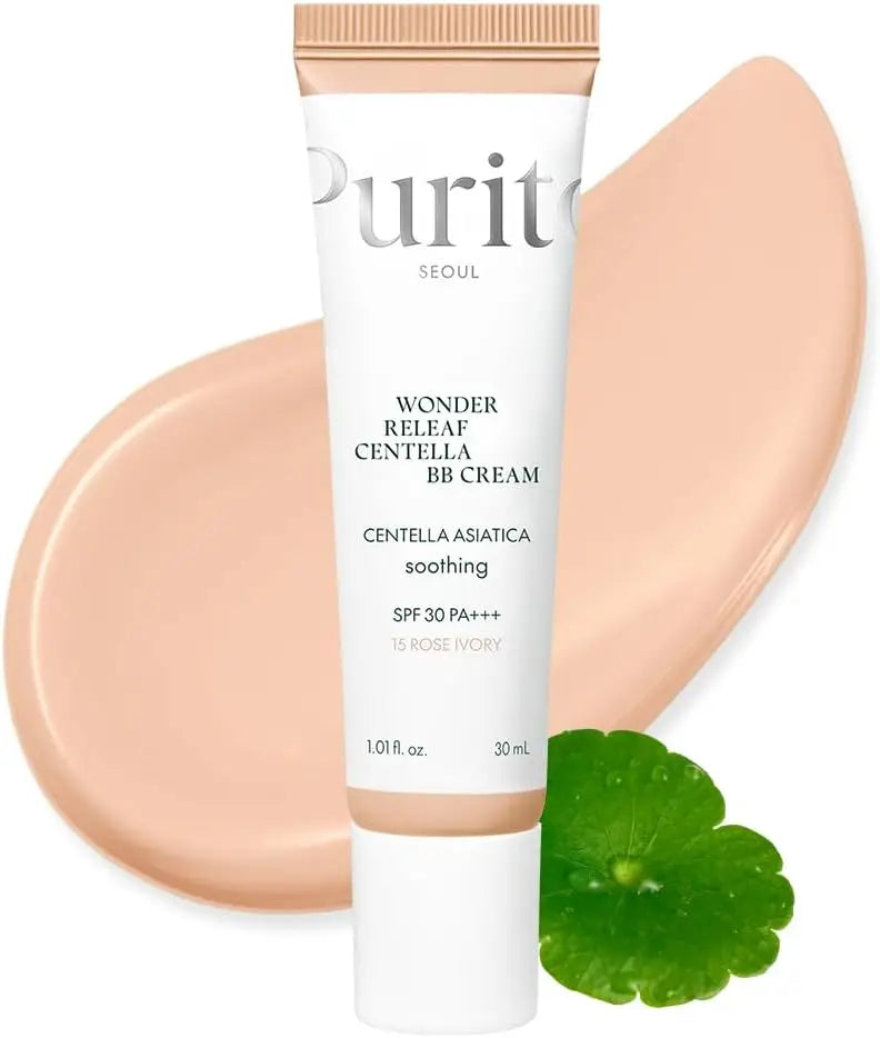Tube of PURITO Wonder Releaf Centella BB Cream 30ml with creamy beige swatch and green centella leaf, highlighting soothing skincare and SPF 30 protection.