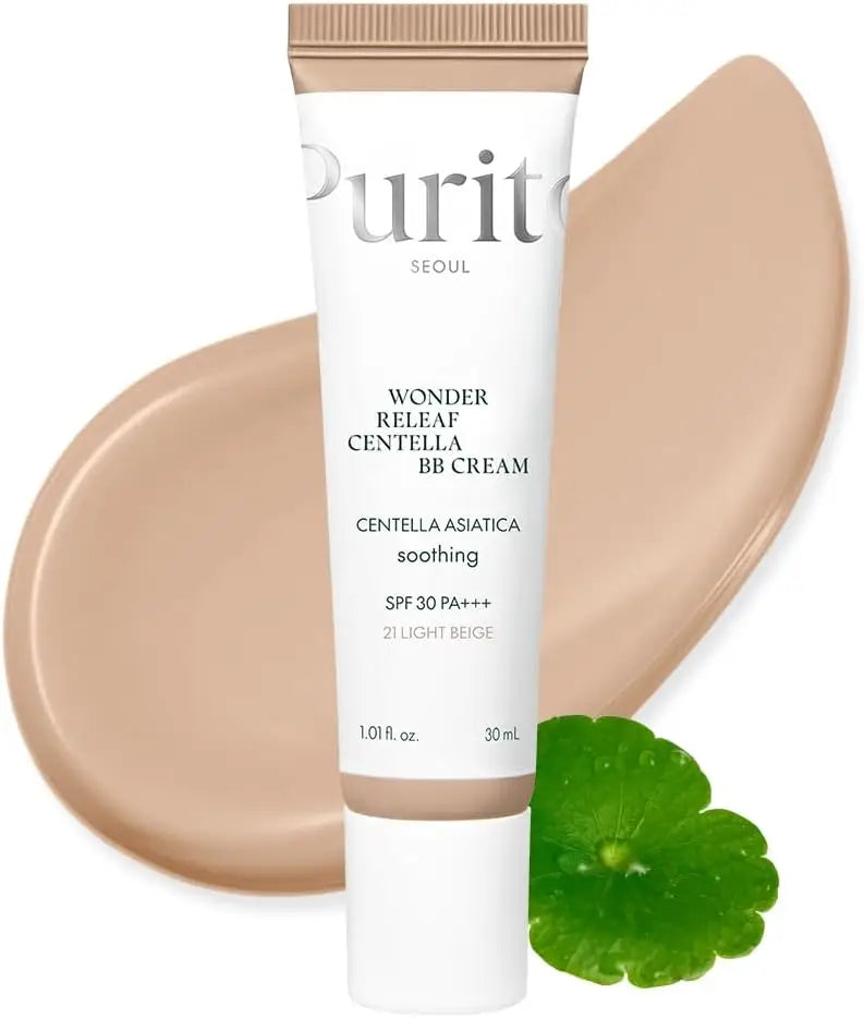 Tube of PURITO Wonder Releaf Centella BB Cream 30ml in light beige shade with centella leaf and smooth cream texture background, offering soothing facial coverage with SPF 30 PA+++ protection.