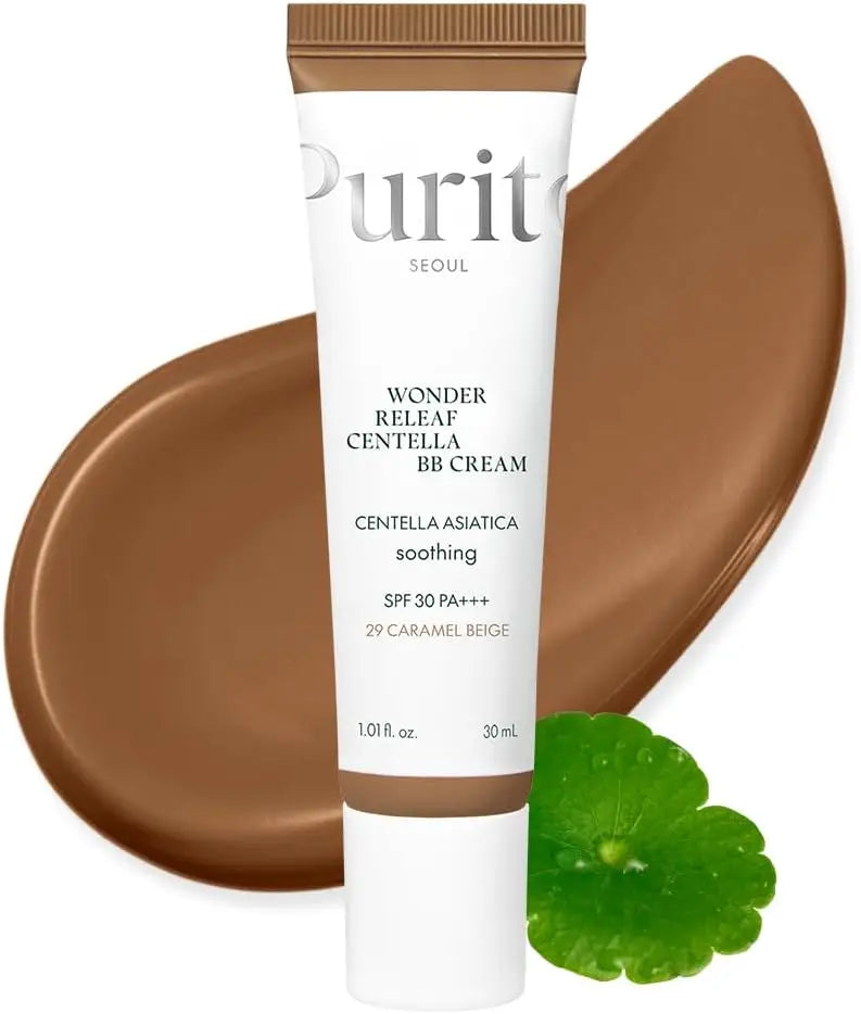 Tube of PURITO Wonder Releaf Centella BB Cream 30ml in caramel beige shade with smooth cream swatch and fresh centella asiatica leaf on white background