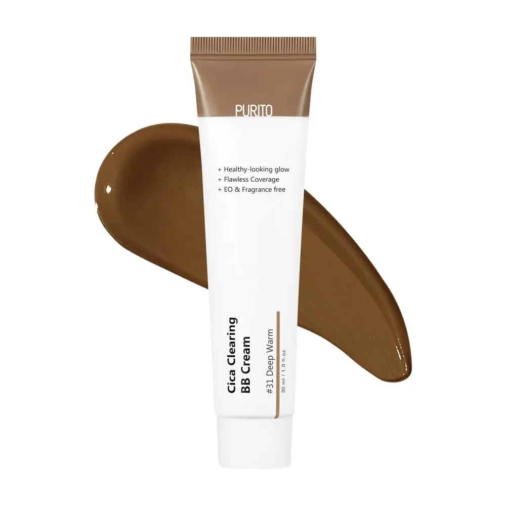 Tube of PURITO Wonder Releaf Centella BB Cream 30ml in shade 31 Deep Warm with a smooth swatch of rich brown cream on white background, highlighting healthy glow and flawless coverage.