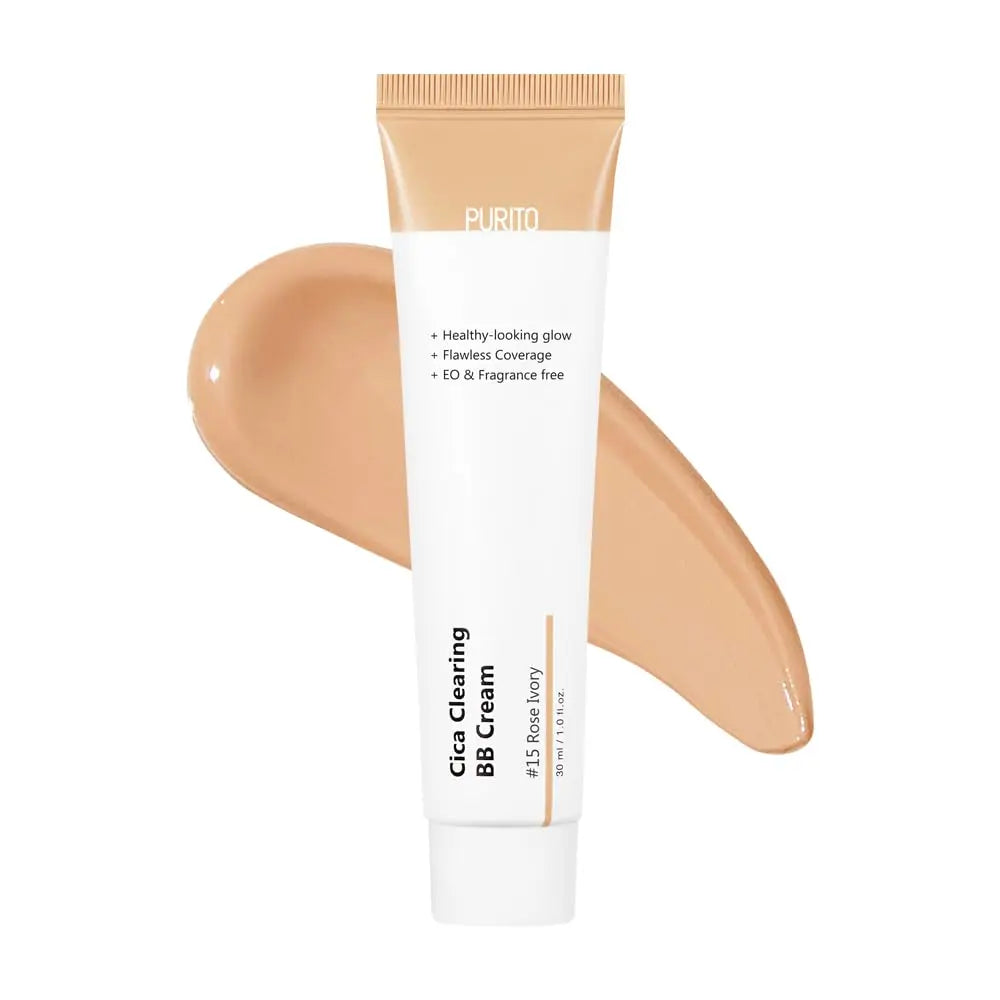 Tube of PURITO Wonder Releaf Centella BB Cream 30ml with beige BB cream swatch behind, highlighting healthy glow and flawless coverage features.