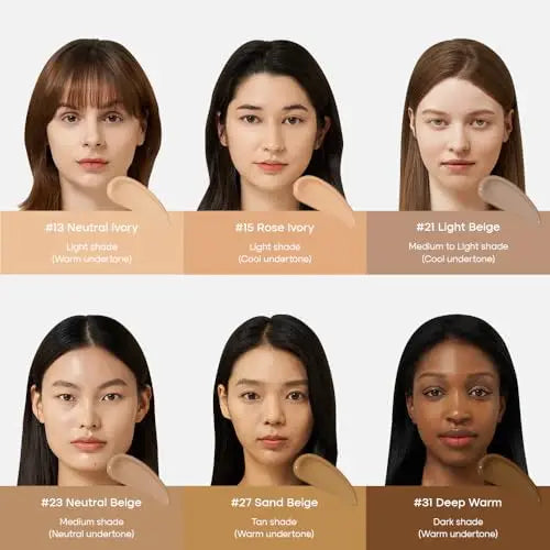 Six diverse women showcasing six different skin tones wearing PURITO Wonder Releaf Centella BB Cream 30ml in shades #13 Neutral Ivory, #15 Rose Ivory, #21 Light Beige, #23 Neutral Beige, #27 Sand Beige, and #31 Deep Warm with corresponding undertones and coverage.