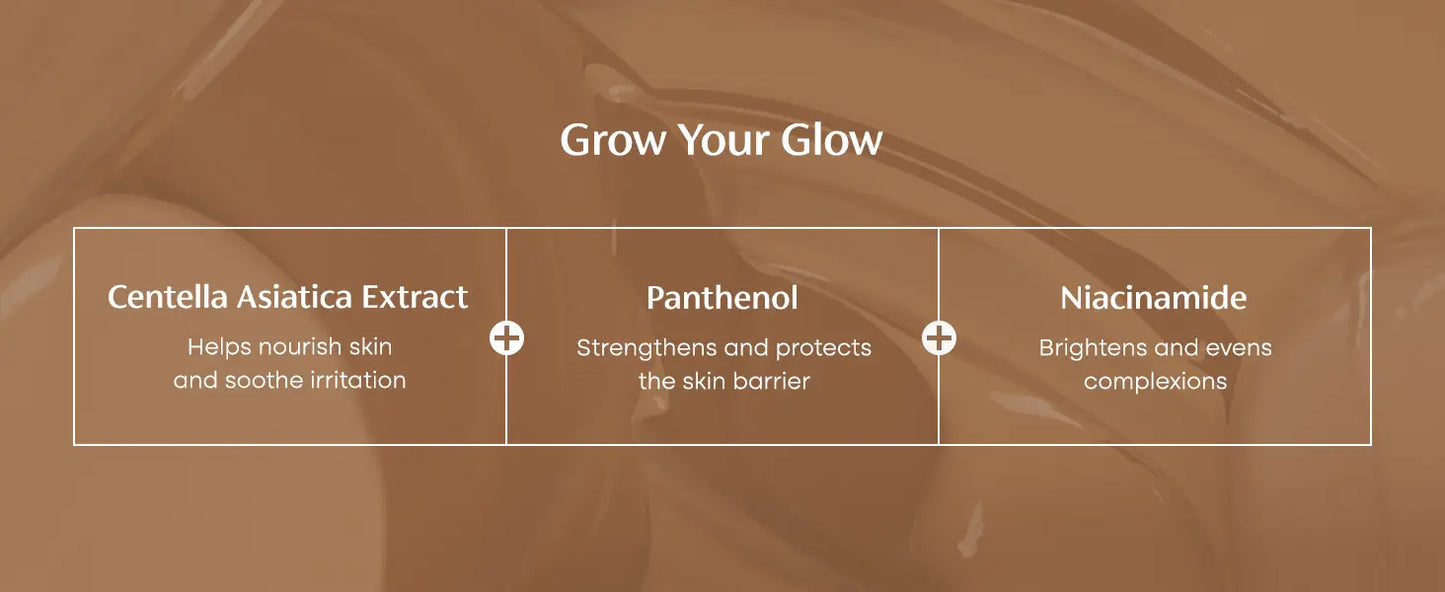 Close-up of creamy beige texture background with text highlighting skincare benefits of Centella Asiatic Extract to nourish skin and soothe irritation, Panthenol to strengthen and protect the skin barrier, and Niacinamide to brighten and even complexions promoting the glow of PURITO Wonder Releaf Centella BB Cream 30ml.