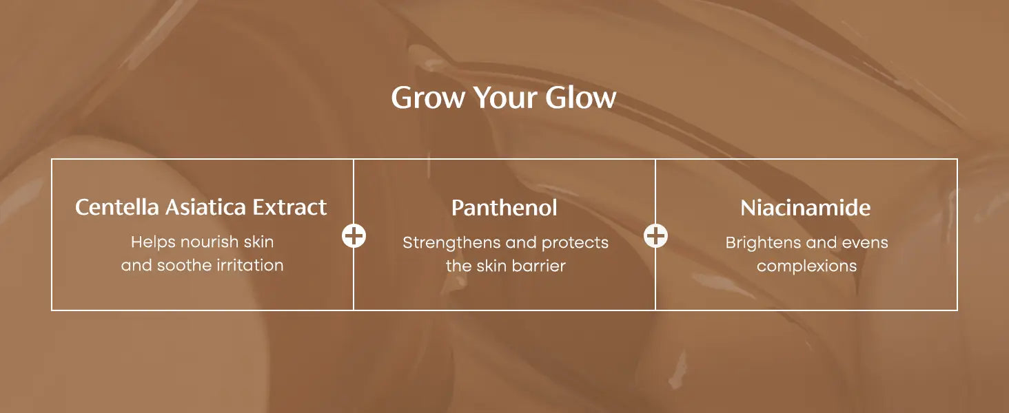 Close-up of creamy beige texture background with text highlighting skincare benefits of Centella Asiatic Extract to nourish skin and soothe irritation, Panthenol to strengthen and protect the skin barrier, and Niacinamide to brighten and even complexions promoting the glow of PURITO Wonder Releaf Centella BB Cream 30ml.