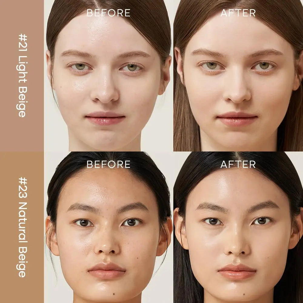 Comparison of before and after makeup application featuring two women with light to natural beige skin tones, demonstrating the coverage and natural finish of PURITO Wonder Releaf Centella BB Cream 30ml.