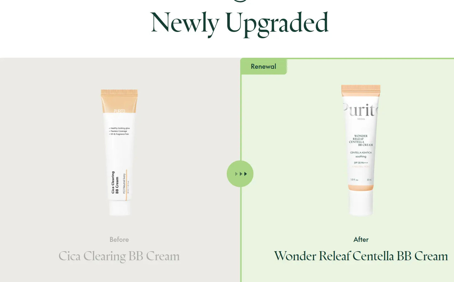 Comparison image showing the before and after packaging of PURITO Wonder Releaf Centella BB Cream 30ml, highlighting the product's upgrade from Cica Clearing BB Cream to the new version.