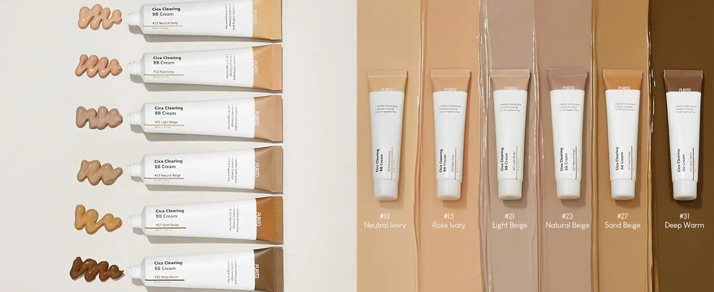 Various shades of PURITO Wonder Releaf Centella BB Cream 30ml tubes with matching swatches displayed on light brown backgrounds in a gradient from light to dark tones